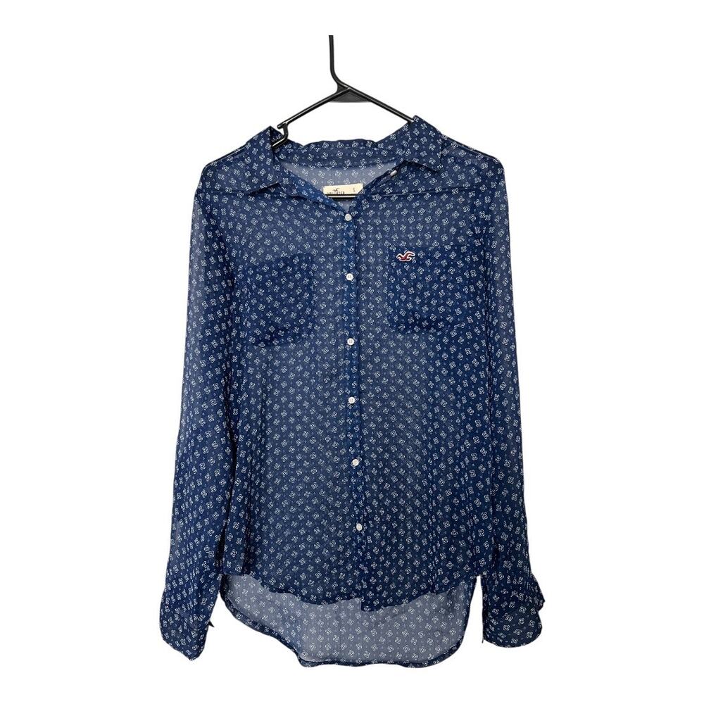 Hollister Sheer Blue Floral Button Down Blouse Shirt Top S Small Y2K Preppy
